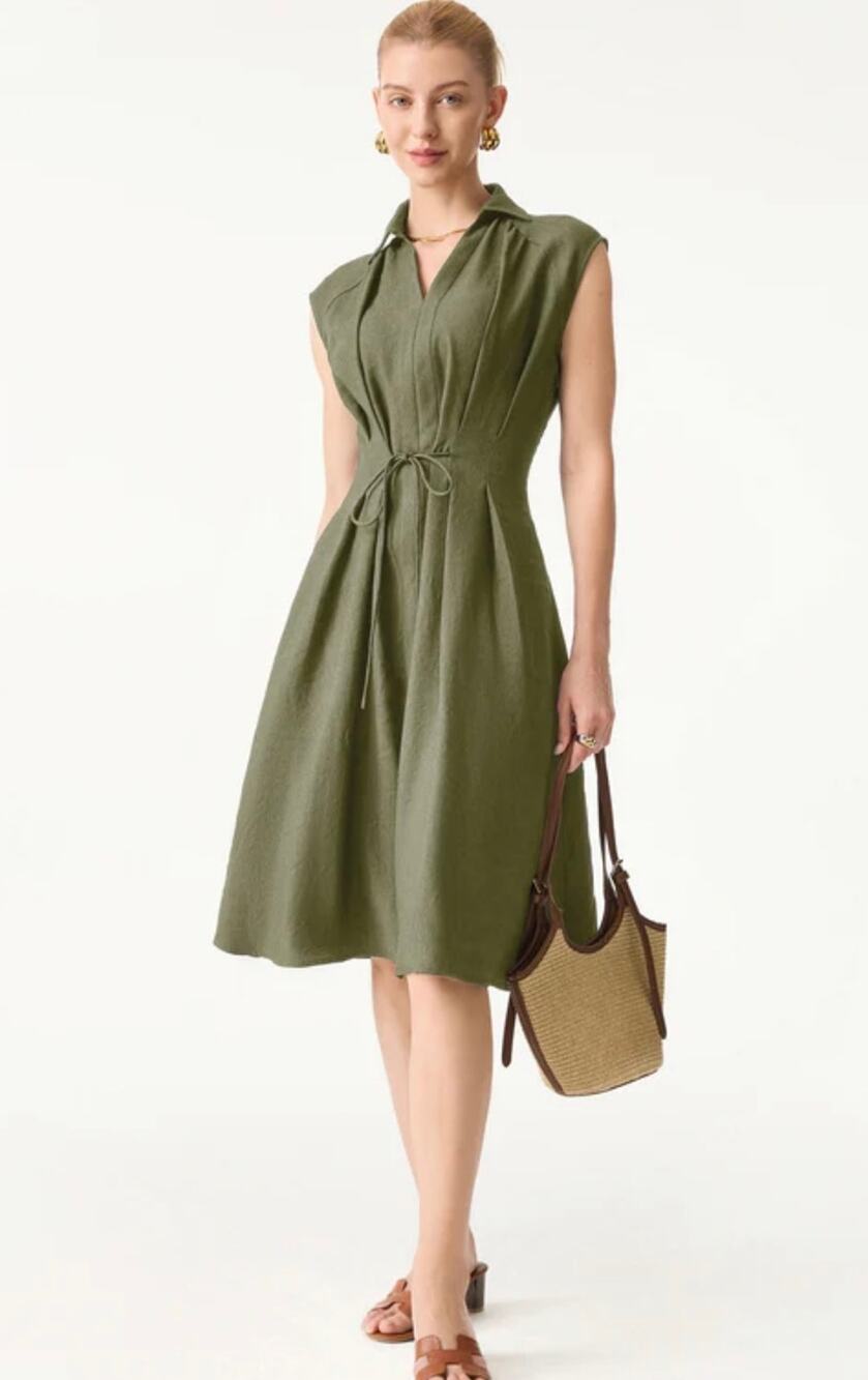 Brand New OGL Size Medium Olive Green Midi Shirt Dress With Belt